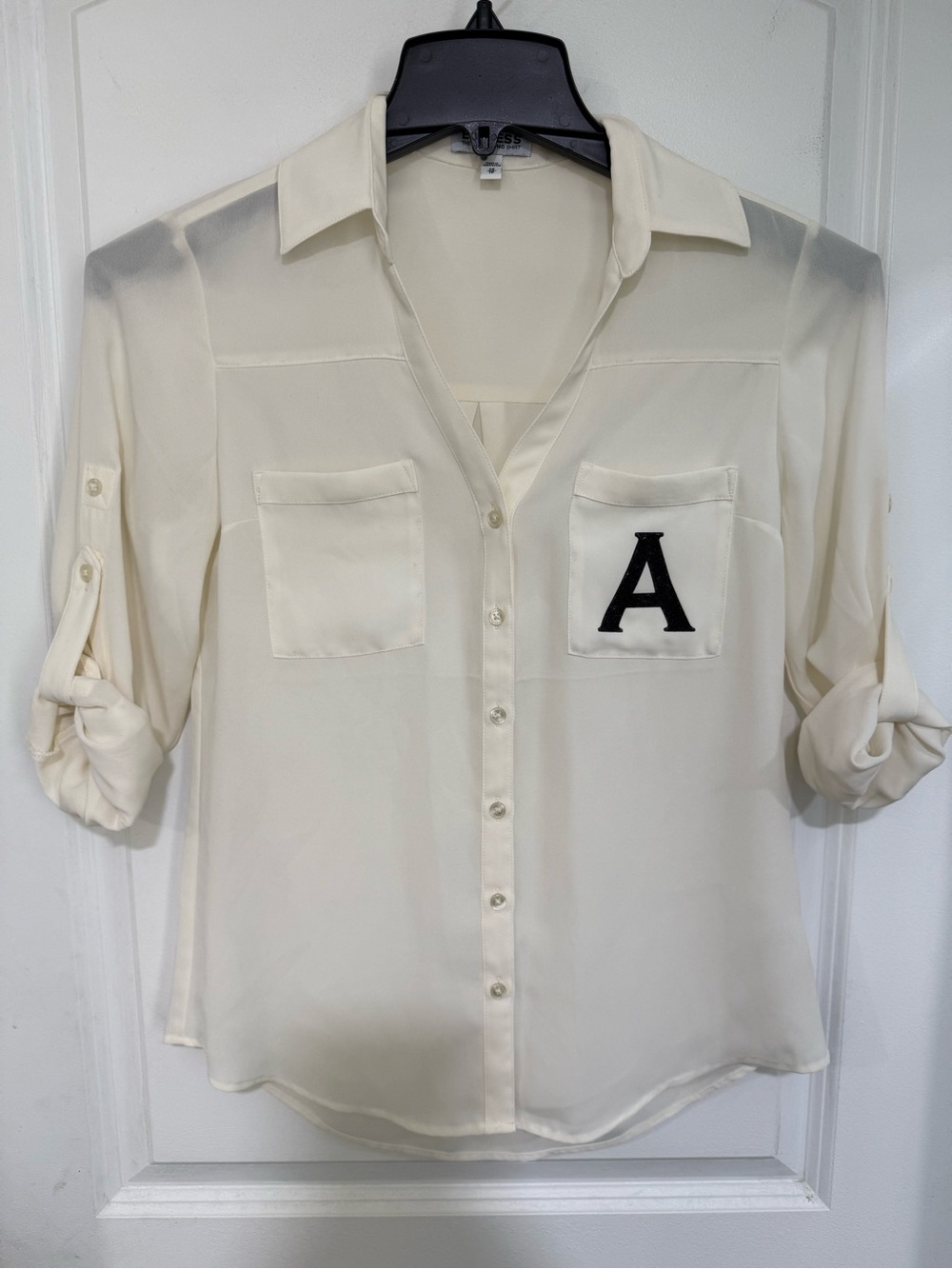 Express Off White Button-Up Letter A Sheer Portofino Shirt XS